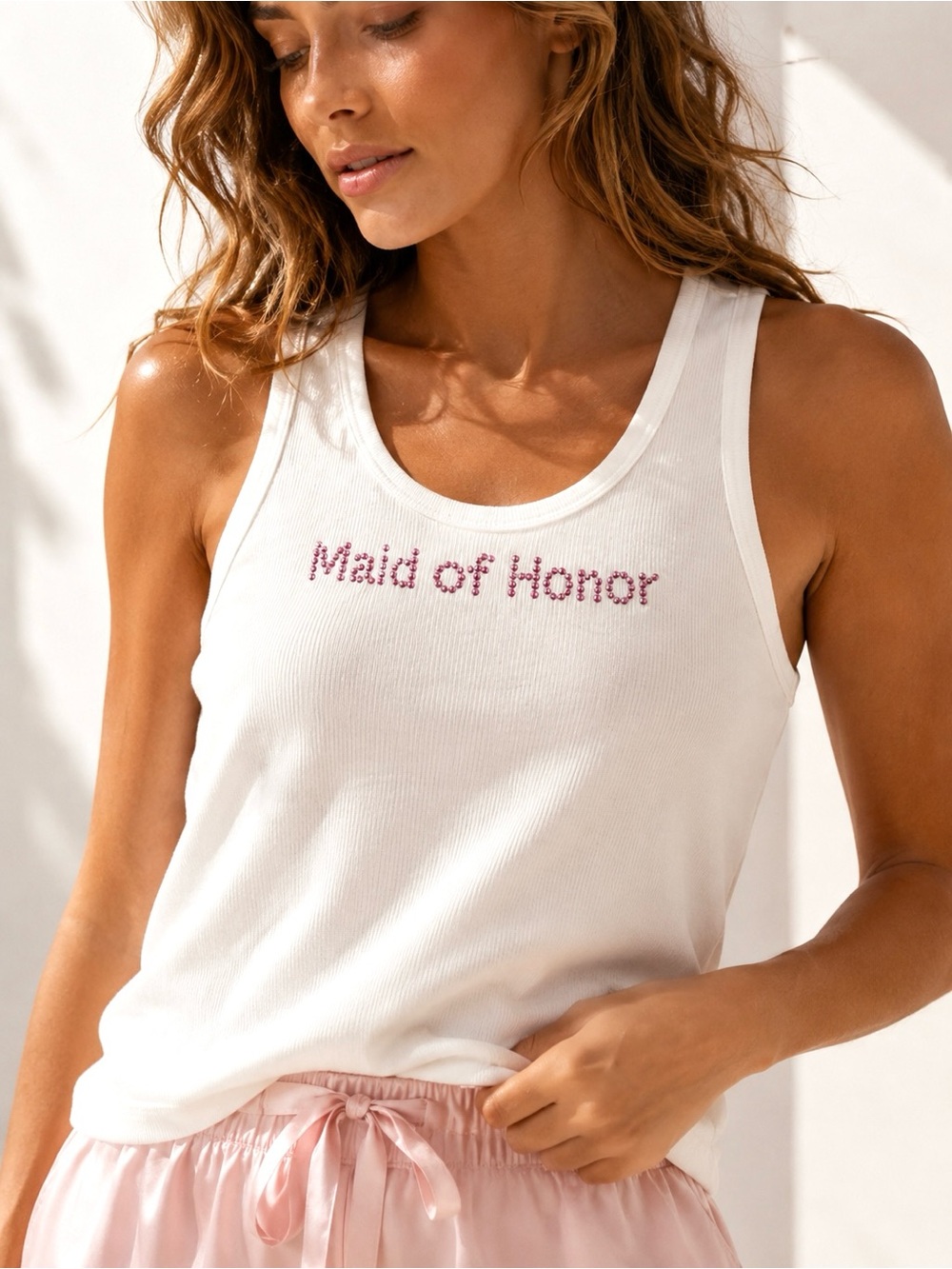 Maid of Honor Rhinestone Ribbed Tank Top White Pink Medium NWOT